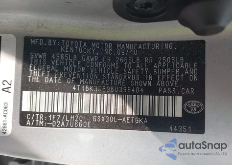 2011 Toyota Avalon z USA, uszkodzony, nr VIN 4T1BK3DB9BU396484